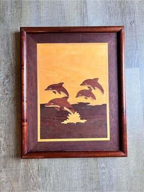 Hudson River wooden inlay wall decor jumping dolphins vintage MCM